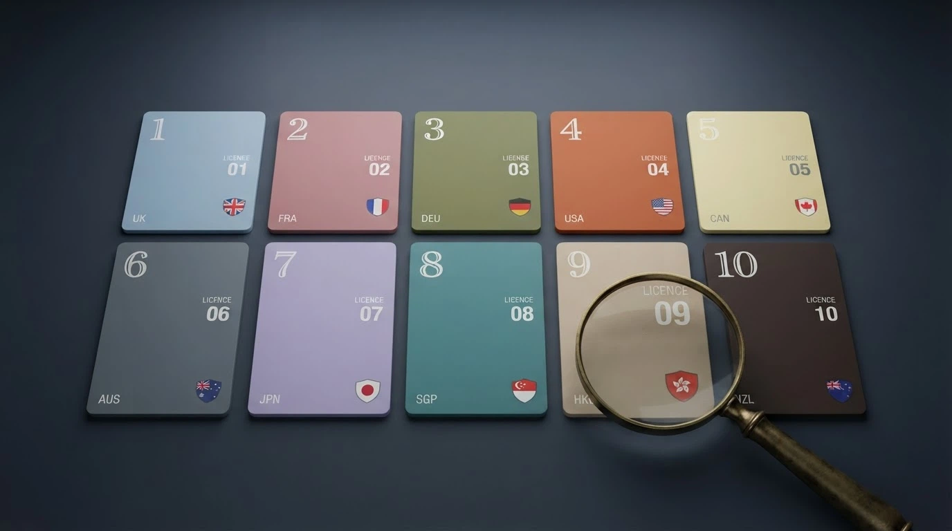 a grid of ten casino-brand placeholder cards arranged in a ranking layout, each card showing a different bonus amount and licence jurisdiction beneath a magnifying glass