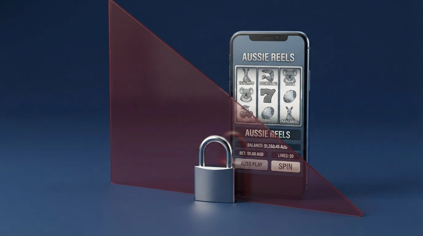 A smartphone screen showing an offshore casino interface, with a semi-transparent overlay of regulatory text and an ACMA logo, conveying the legal tension