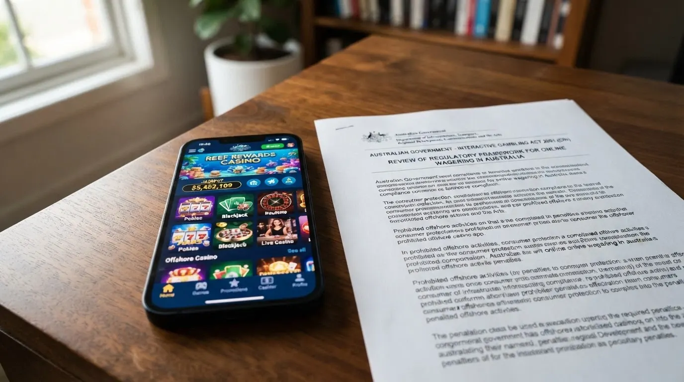 A smartphone displaying a casino lobby beside an Australian government document with the Interactive Gambling Act title visible