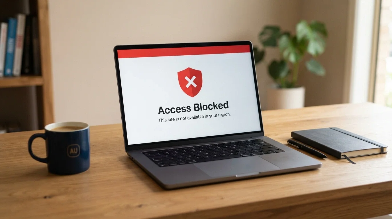 A laptop screen displaying a warning or blocked-site notice for an offshore gambling website