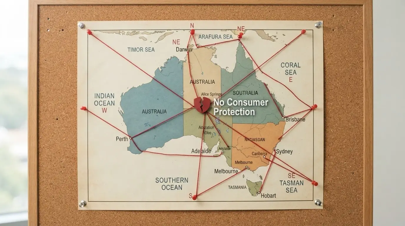 A map of Australia with red lines connecting to offshore jurisdictions (Curaçao, Cyprus) and a broken shield icon labelled “no consumer protection”