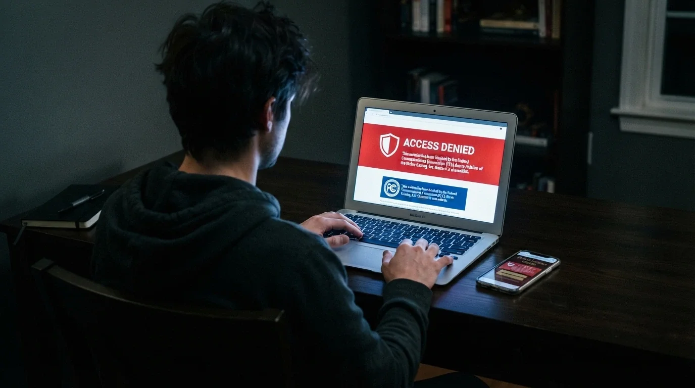 The ACMA website blocking-notice page displayed on a laptop screen beside a blocked casino login prompt