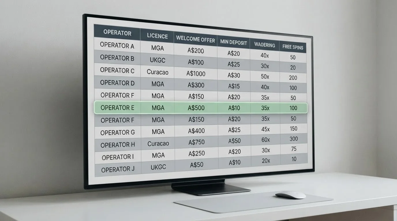 A side-by-side grid layout on a screen comparing casino names, bonus amounts and minimum-deposit figures, with one row highlighted in a different colour