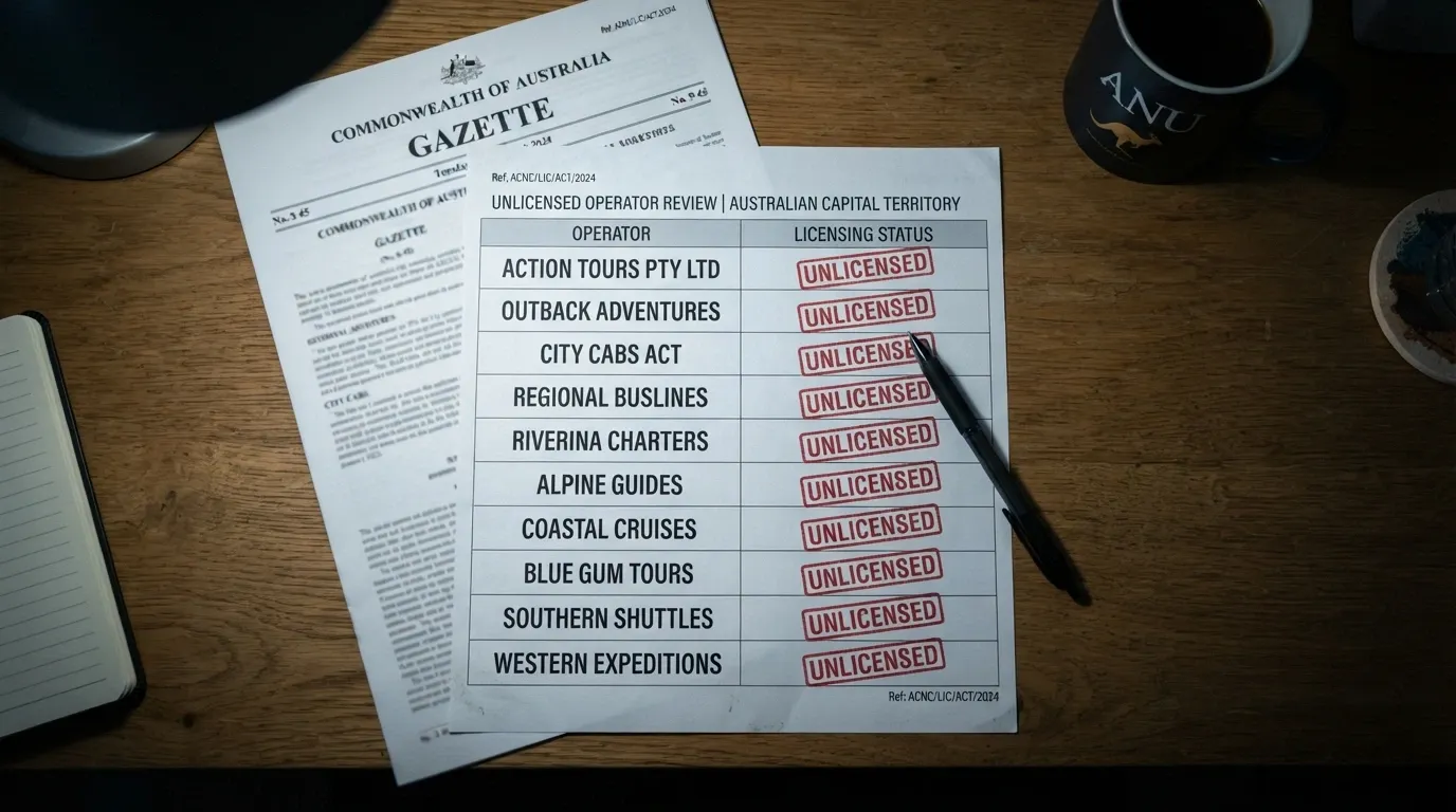 A visual comparison grid showing ten operator names with licence-status markers, set against a muted Australian regulatory document background