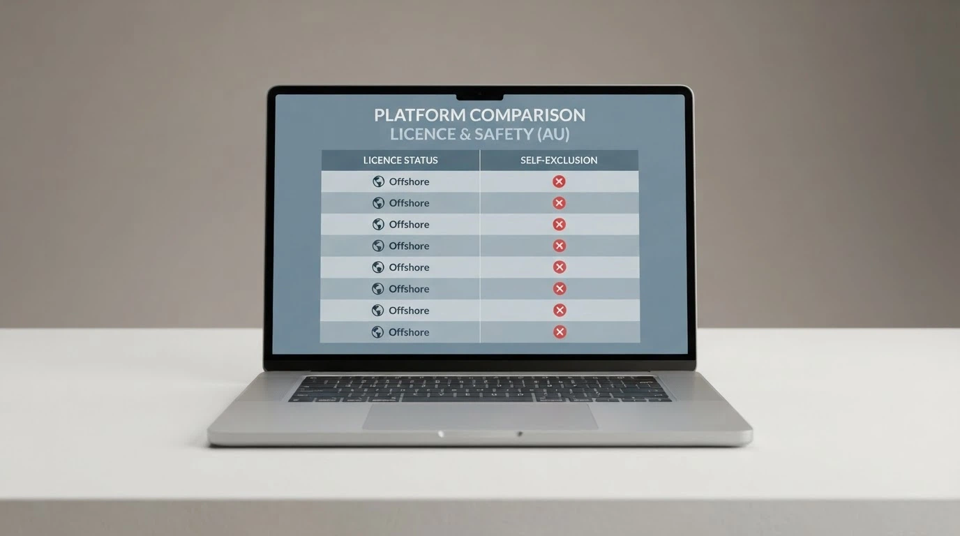 A clean comparison-table view on screen showing operator names alongside licence-status and BetStop-connectivity columns, with all rows marked offshore