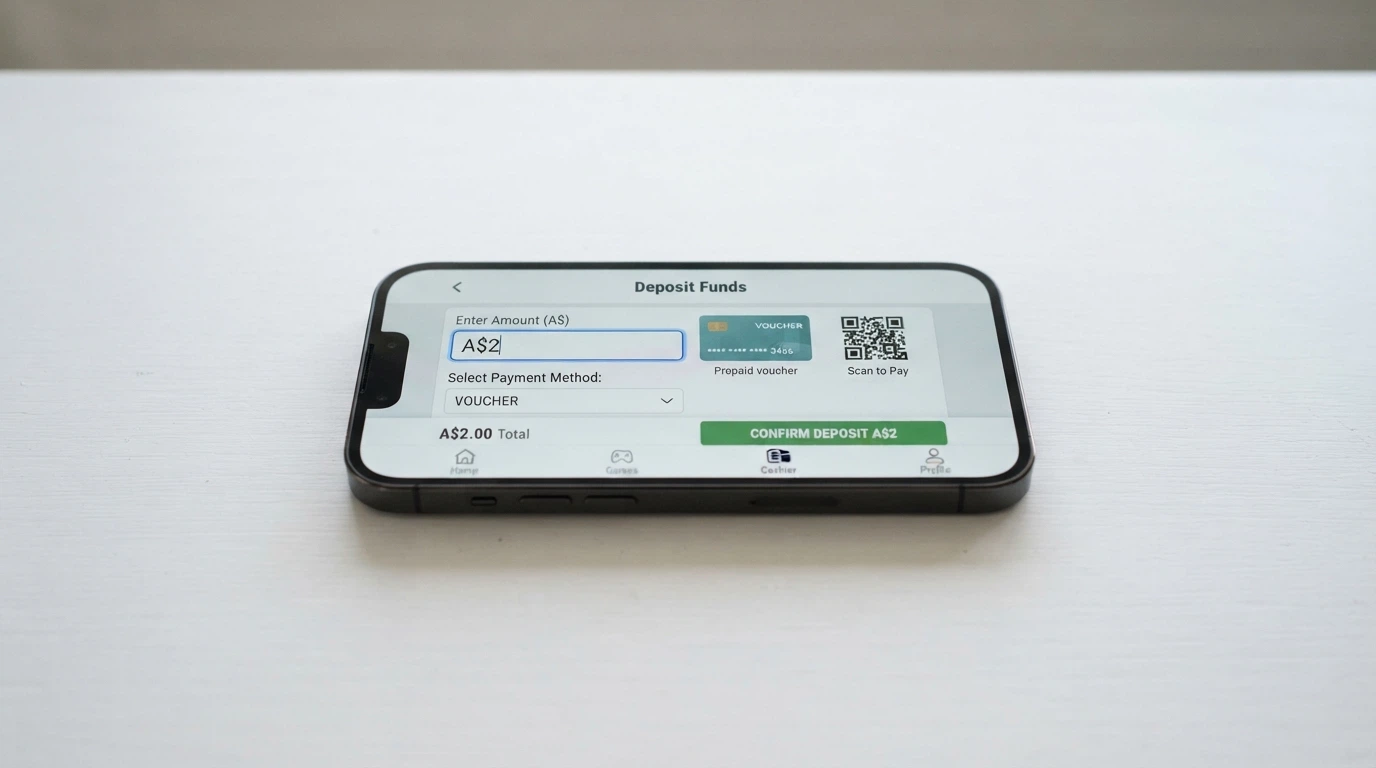 An online casino deposit screen with the minimum-deposit field highlighted at A$2 next to a Neosurf voucher and a Bitcoin wallet QR code