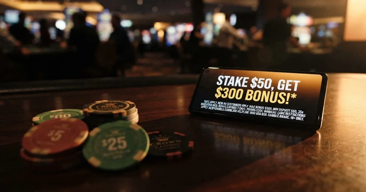 Australian banknotes beside a smartphone screen displaying a casino reload bonus offer with the terms and conditions visible in fine print beneath the headline percentage
