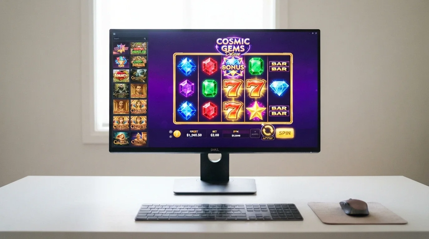 Colourful online pokie reels spinning on a desktop screen, with game-provider logos visible in the lobby sidebar