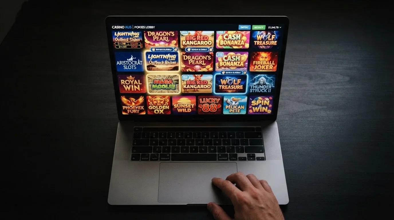 A grid of colourful online pokies game tiles on a casino lobby screen, with several marked as eligible for bonus play
