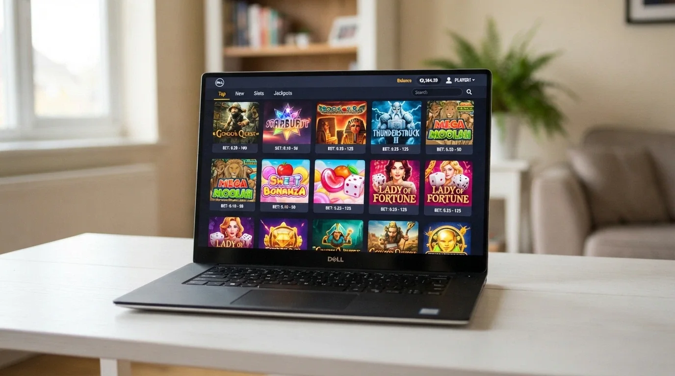 A full-screen online casino game lobby showing rows of pokies tile artwork with bet-range labels and provider logos