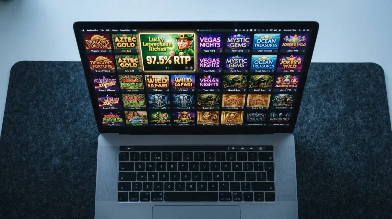 A grid of colourful online pokies title cards in a casino game lobby, one title visibly marked with an RTP percentage