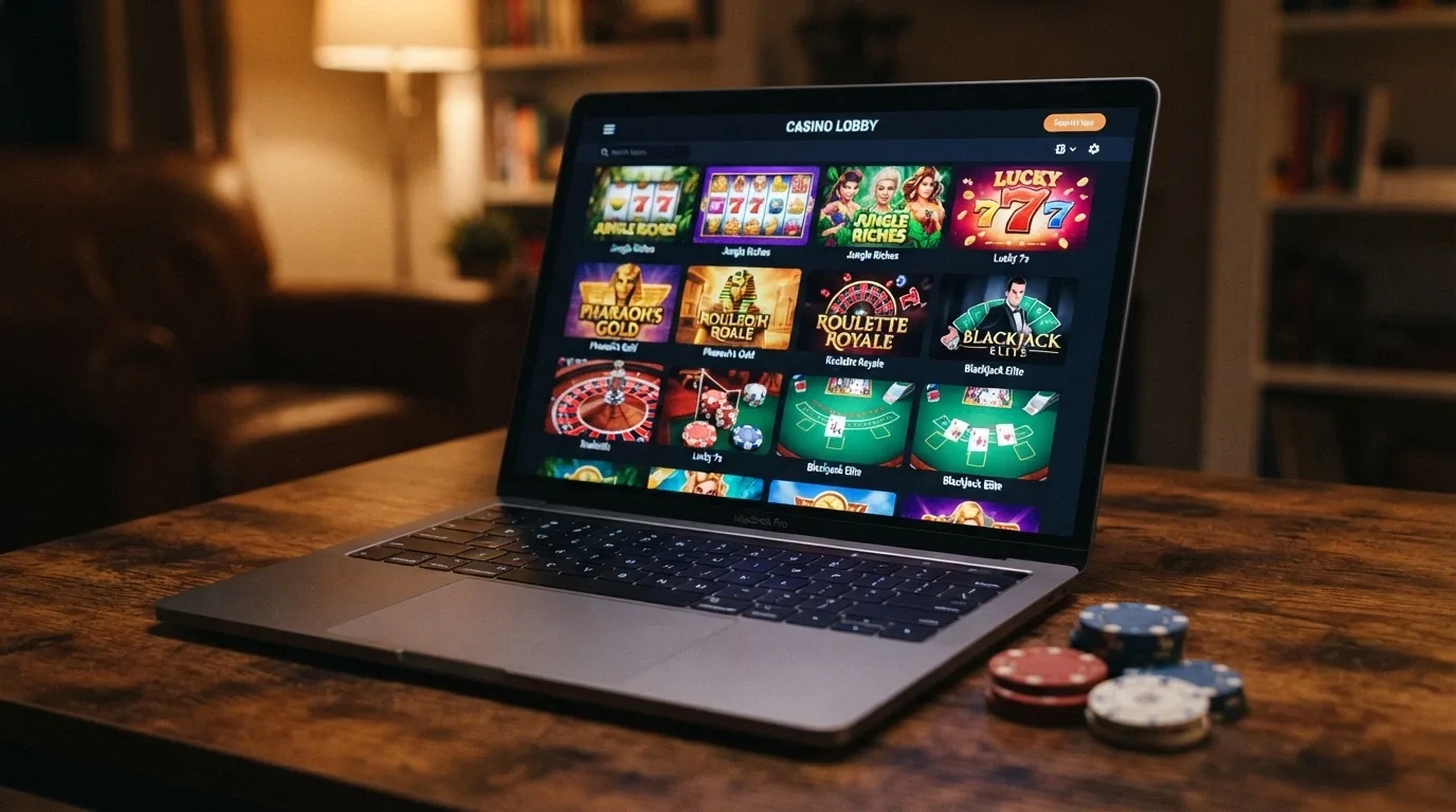A collage of game thumbnails — pokies reels, a blackjack table, a live-dealer roulette wheel — with a provider badge strip beneath