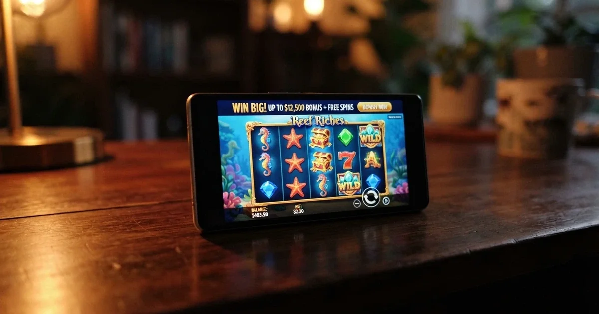 A smartphone screen showing an online pokies game with a bonus-offer banner across the top, Australian dollars visible in the balance display