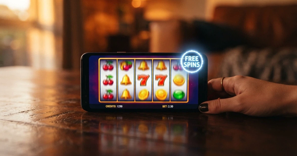 A smartphone screen showing a row of colourful online pokie reels mid-spin with a free-spins badge lit up in the corner