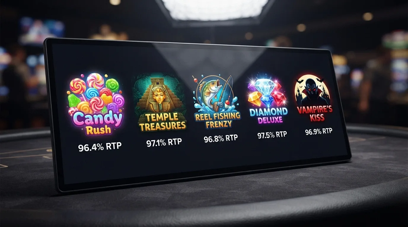 A row of pokies slot icons with their RTP percentages displayed beneath each title