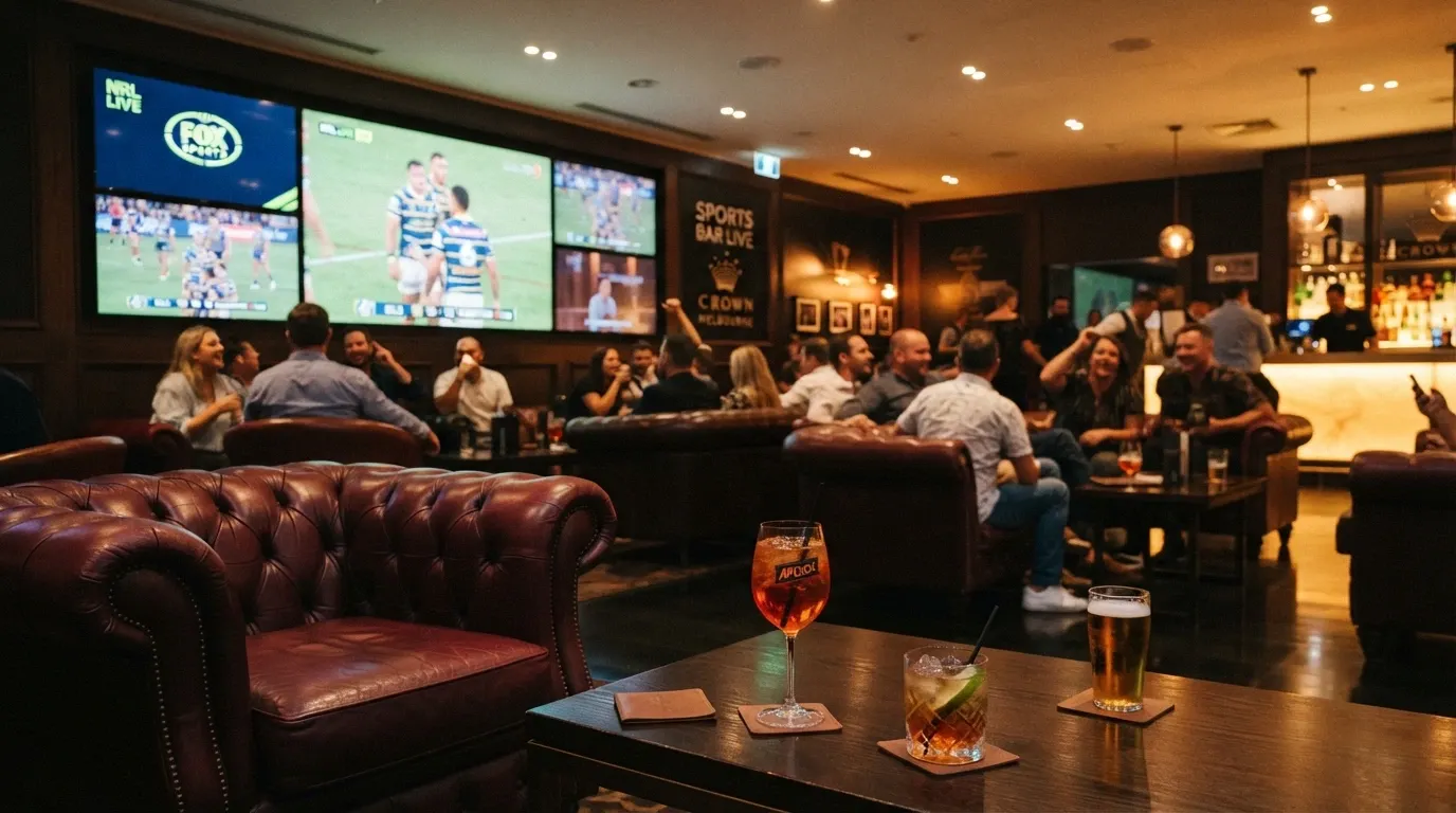 The Onyx Lounge at Casino Canberra with large TV screens and lounge seating, cocktail glasses on tables
