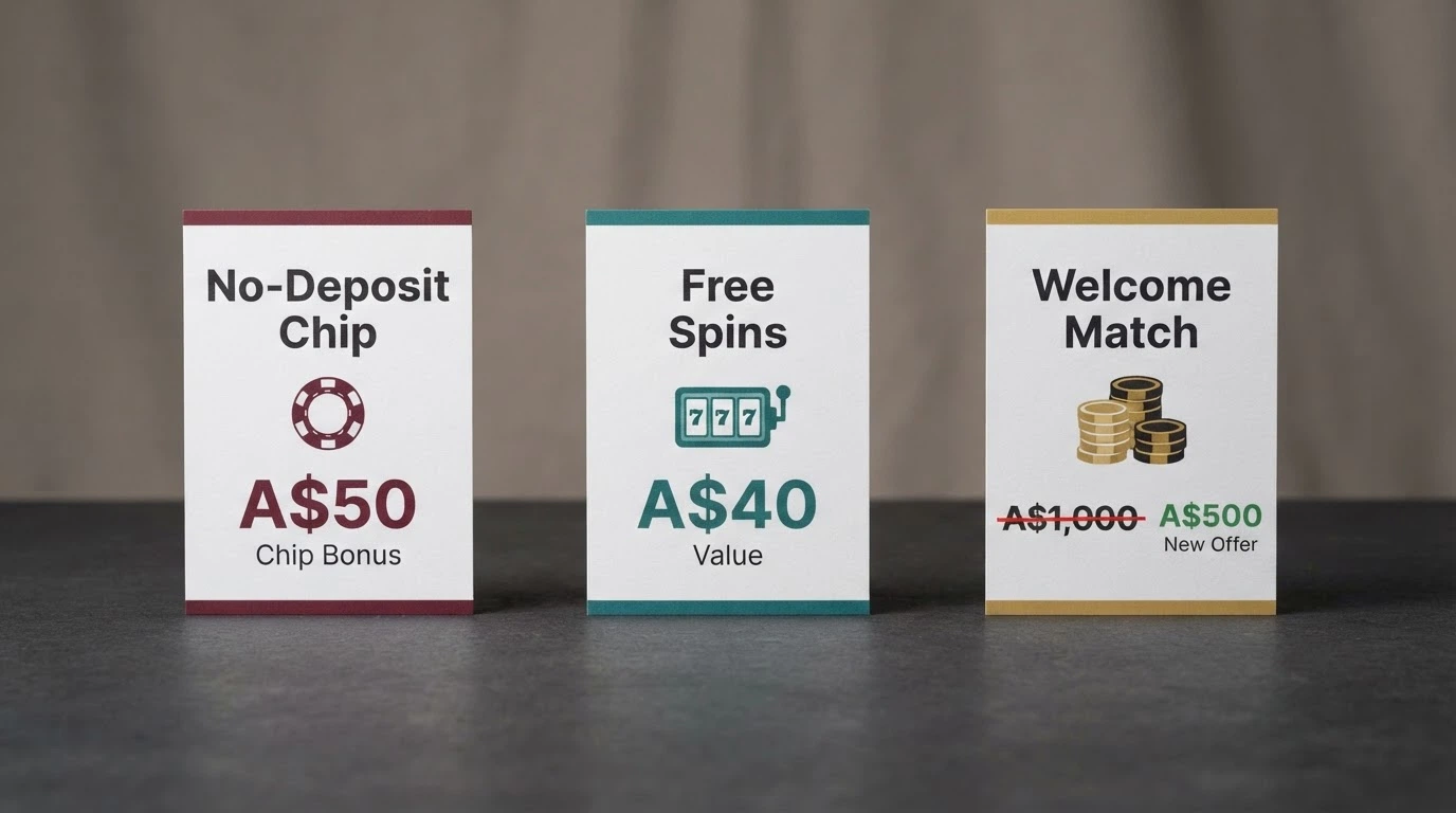 A side-by-side visual comparing three bonus types: a 0x chip with a A$50 cap, a 40x deposit match, and a 0x free-spins block, each with its expected cashout value