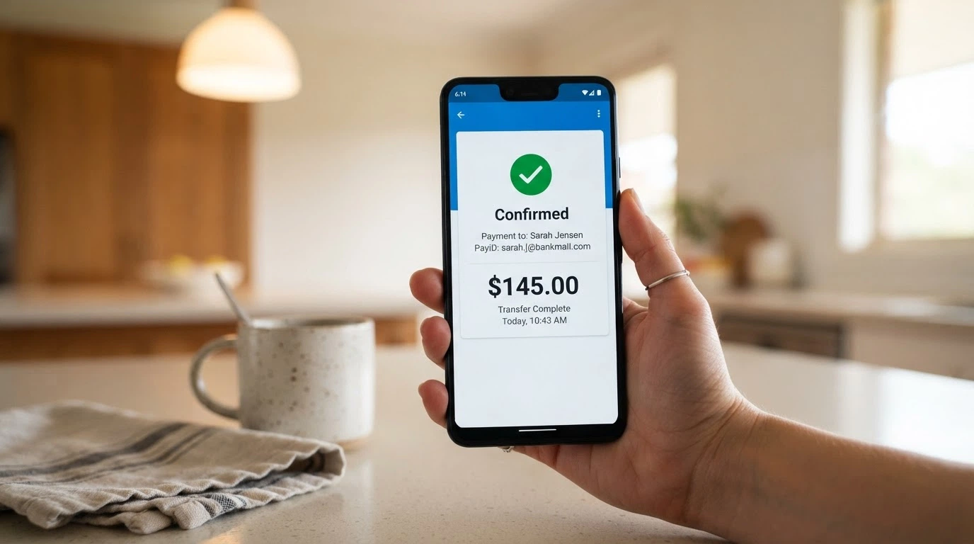 A smartphone banking app open to a PayID transfer screen showing Australian dollar amounts and an Osko payment confirmation