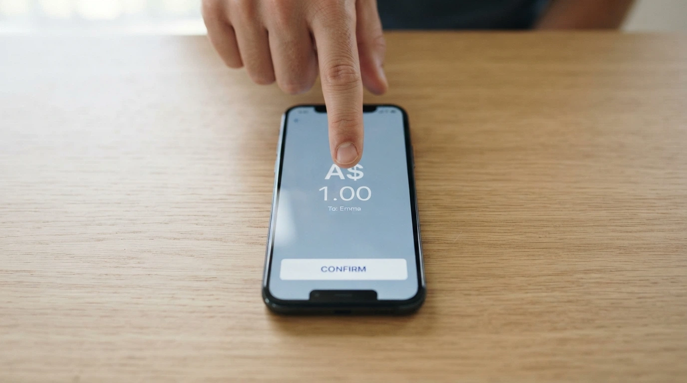 A smartphone screen displaying a PayID transfer interface with a $1.00 amount field and an Australian bank logo