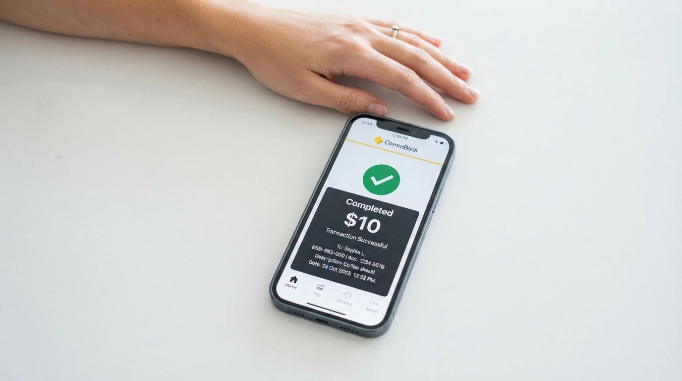 A smartphone showing a PayID transfer confirmation screen from a Commonwealth Bank or NAB banking app with a completed $10 transaction