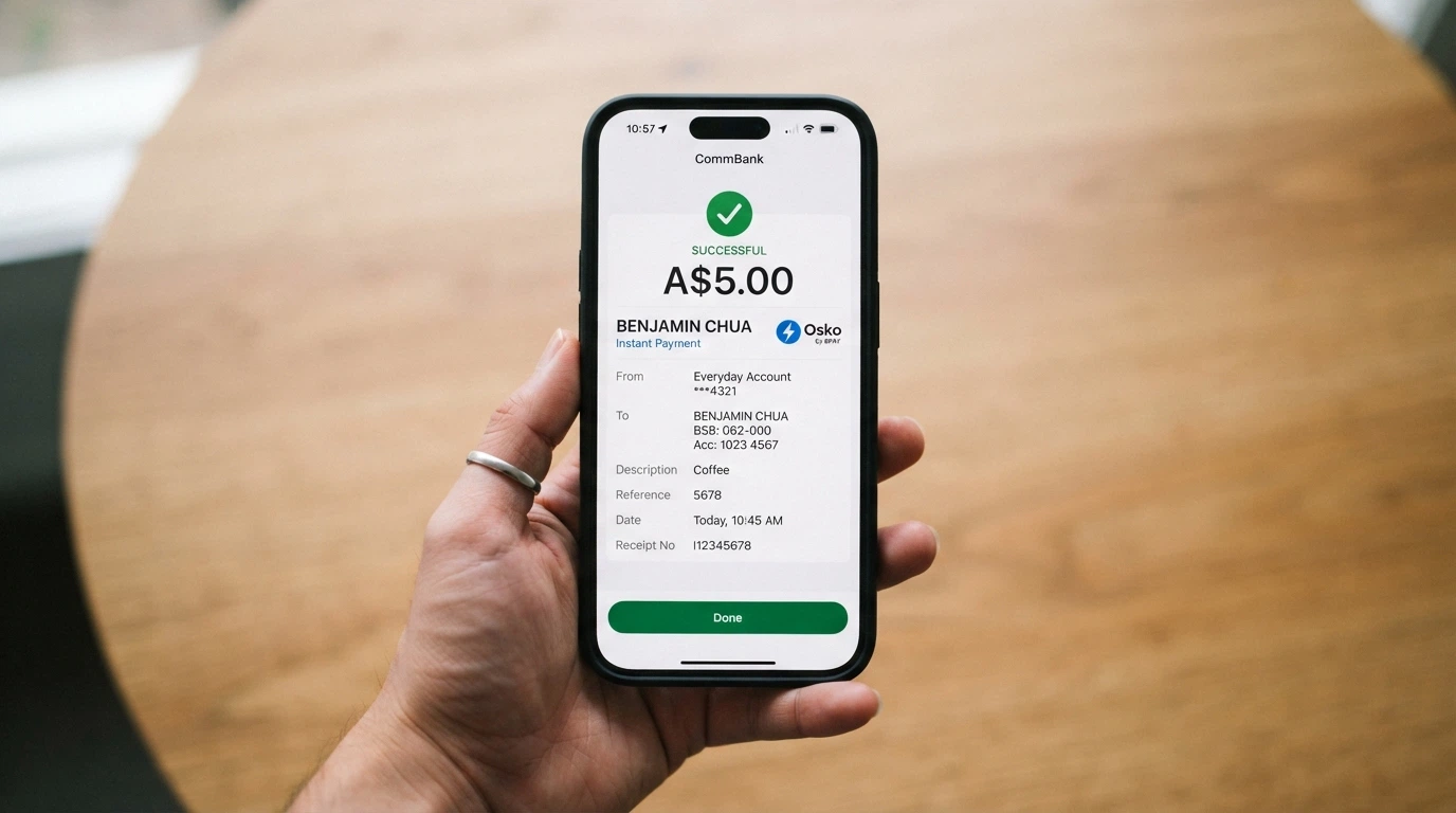 A mobile banking app screen showing a PayID transfer of five dollars to a payee, with the Osko logo visible