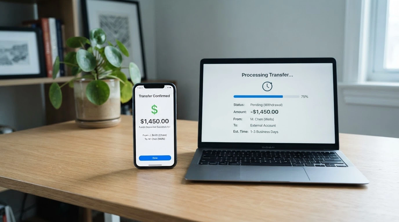 A smartphone showing a PayID transfer confirmation for $1 next to a laptop with a pending withdrawal screen