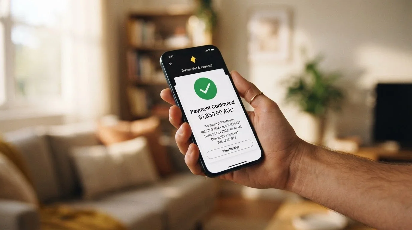 A smartphone displaying a banking app with a PayID transfer confirmation screen, the dollar amount visible in Australian dollars