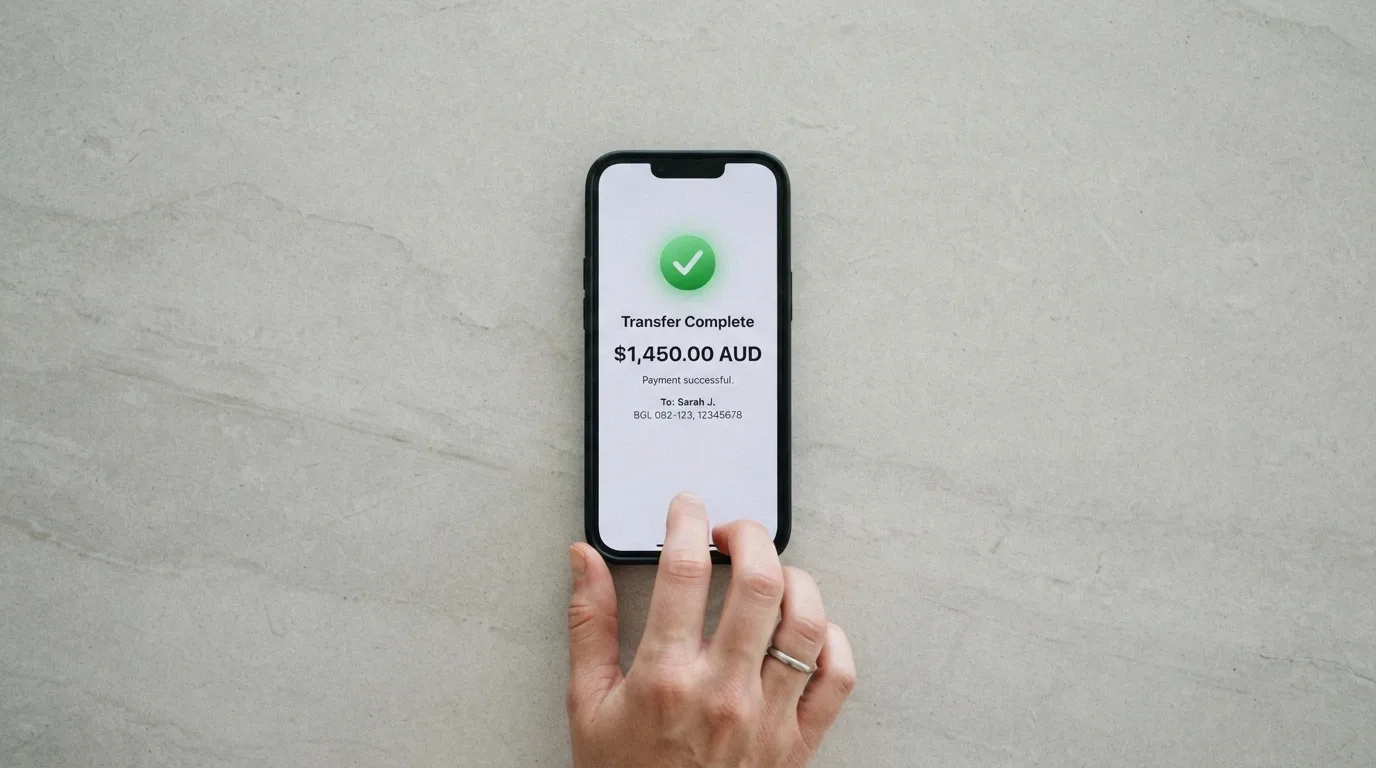 A smartphone screen displaying a PayID bank transfer confirmation dialog with an Australian bank logo and a completed deposit notification