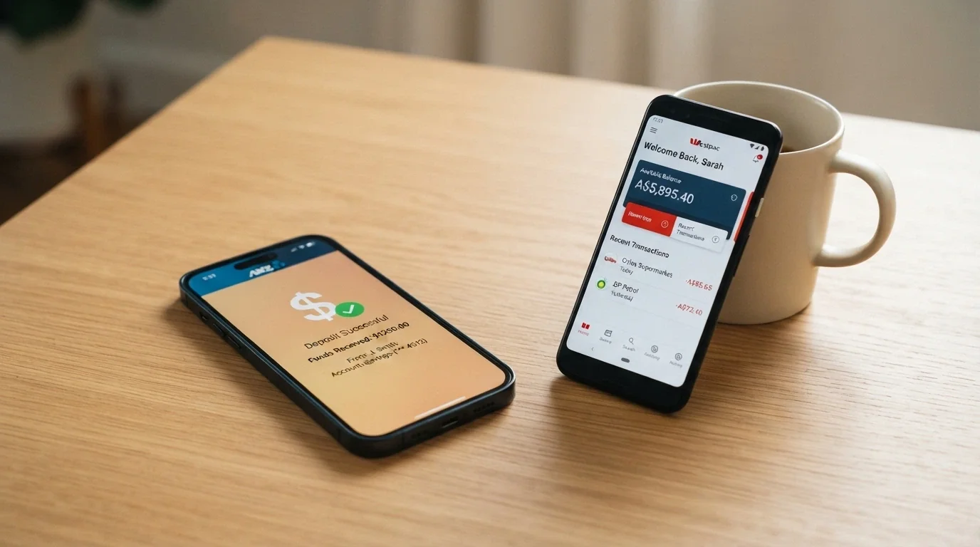 A smartphone screen showing a PayID deposit confirmation with an Australian bank app visible on a second device beside it, connected by a visual arrow