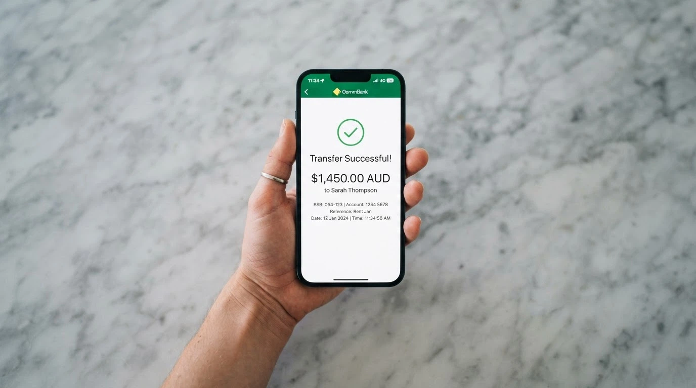 A smartphone displaying a banking app with a PayID transfer confirmation screen showing a completed transaction timestamped in seconds