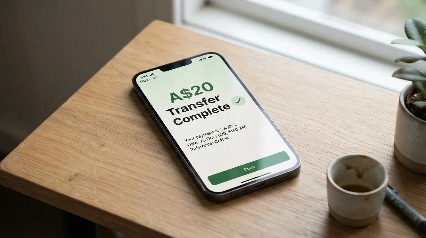 A smartphone banking app showing a PayID transfer confirmation with a $20 amount and an instant-completion timestamp