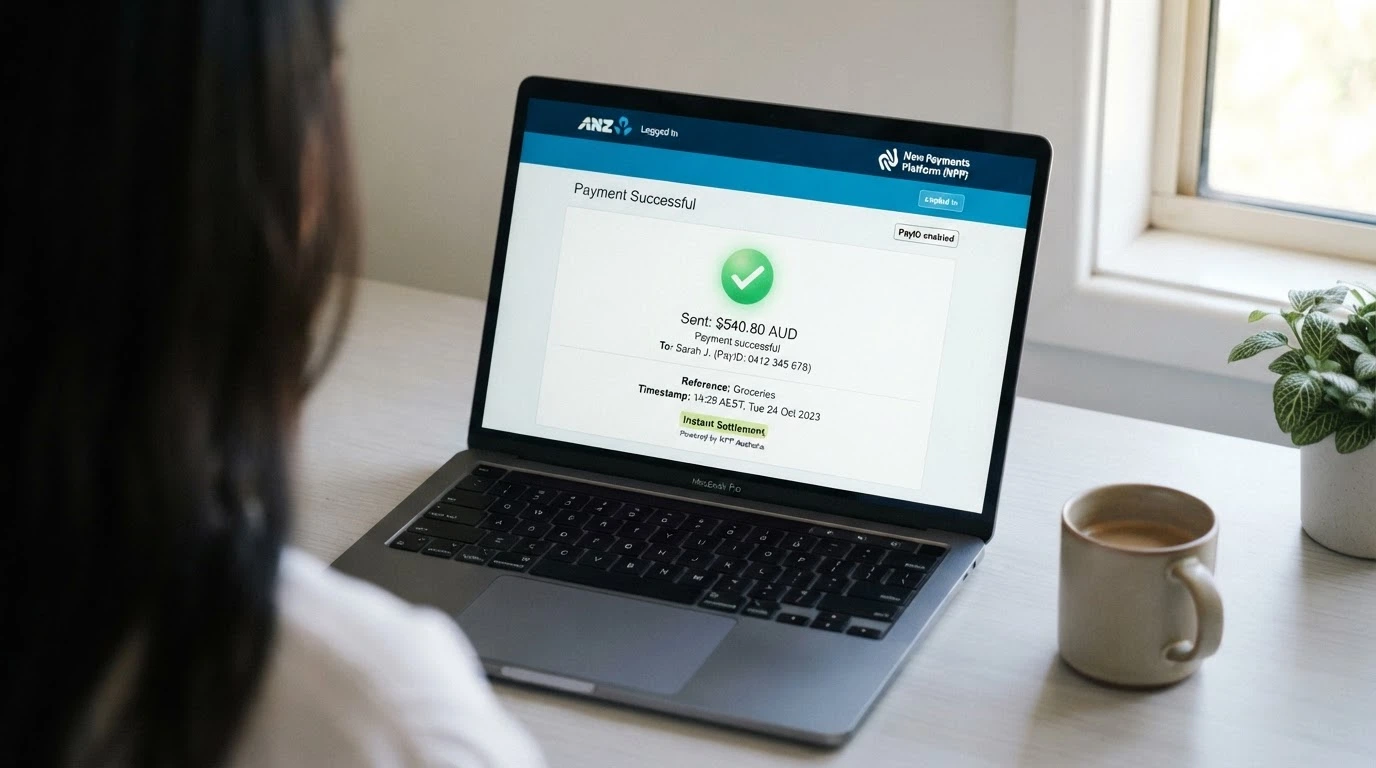 An Australian online banking interface showing a PayID transfer confirmation with the NPP logo visible