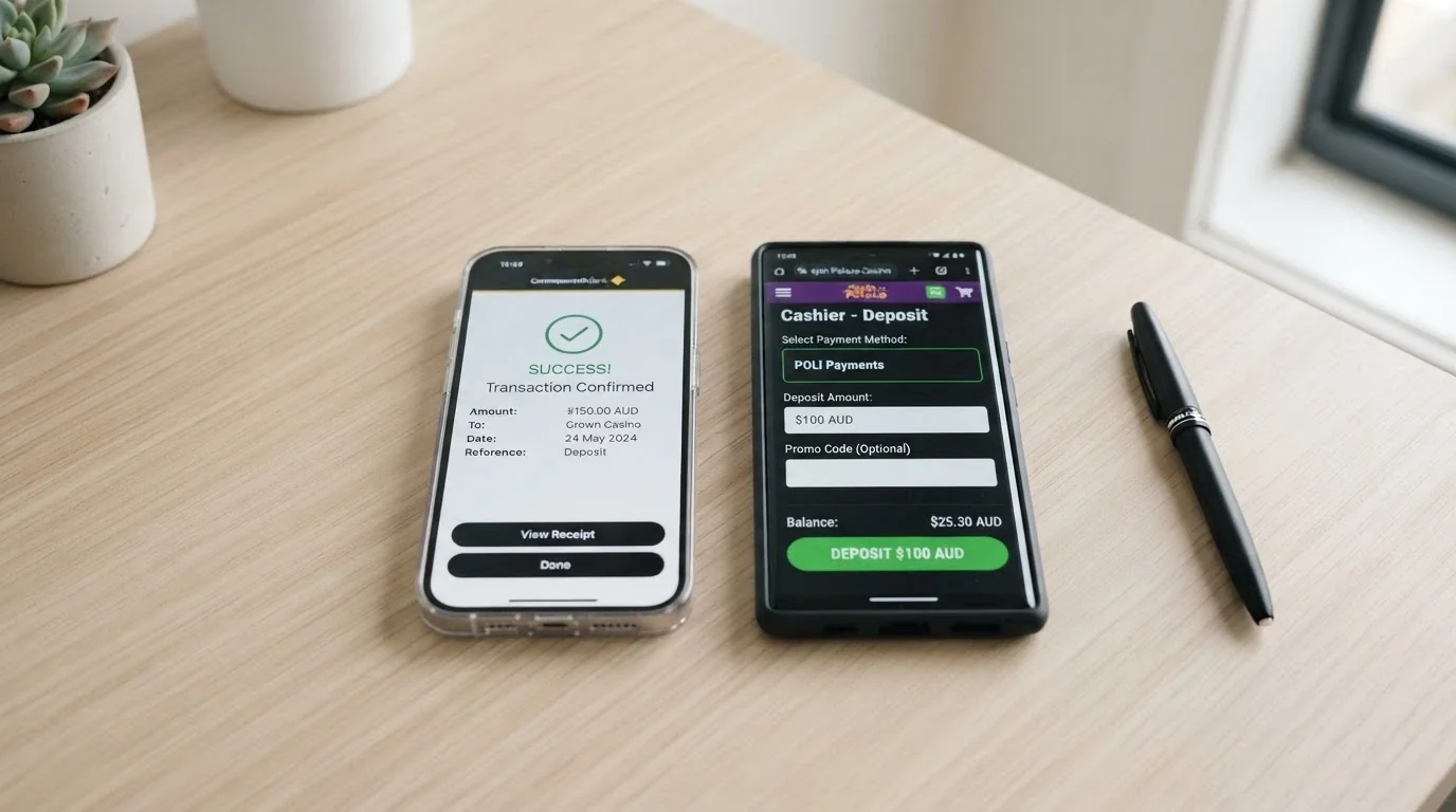 An iPhone screen showing a banking app with a PayID transaction confirmation beside a casino cashier screen with the PayID option highlighted