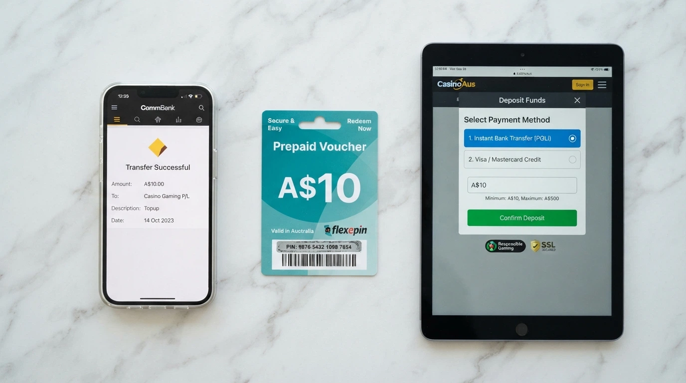 A side-by-side view of three payment method interfaces — a banking app showing PayID transfer, a Neosurf voucher with a A$10 denomination, and a casino cashier screen listing both options