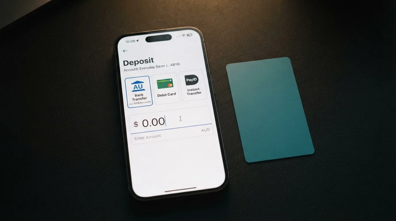 A close-up of an Android phone screen showing a casino deposit page with PayID and Osko logos visible among the payment options, Australian bank card beside the device