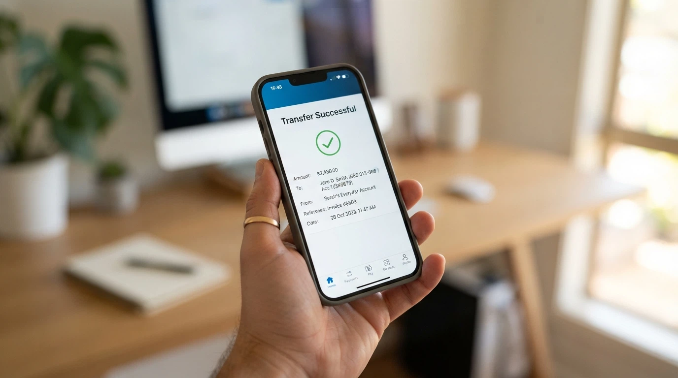 A smartphone displaying a banking app with PayID transfer confirmation and Australian dollar amounts