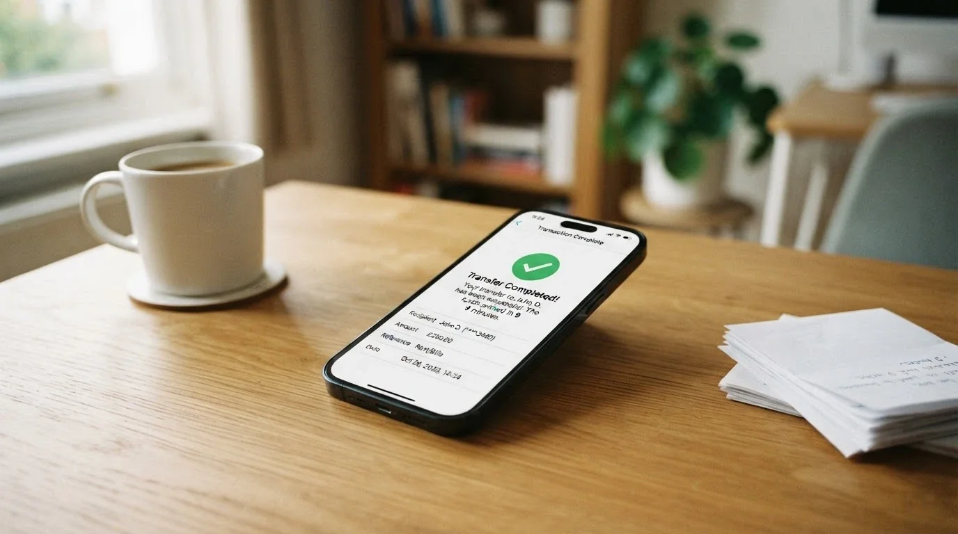 A smartphone showing a banking app with a PayID transfer confirmation and a timestamp of nine minutes