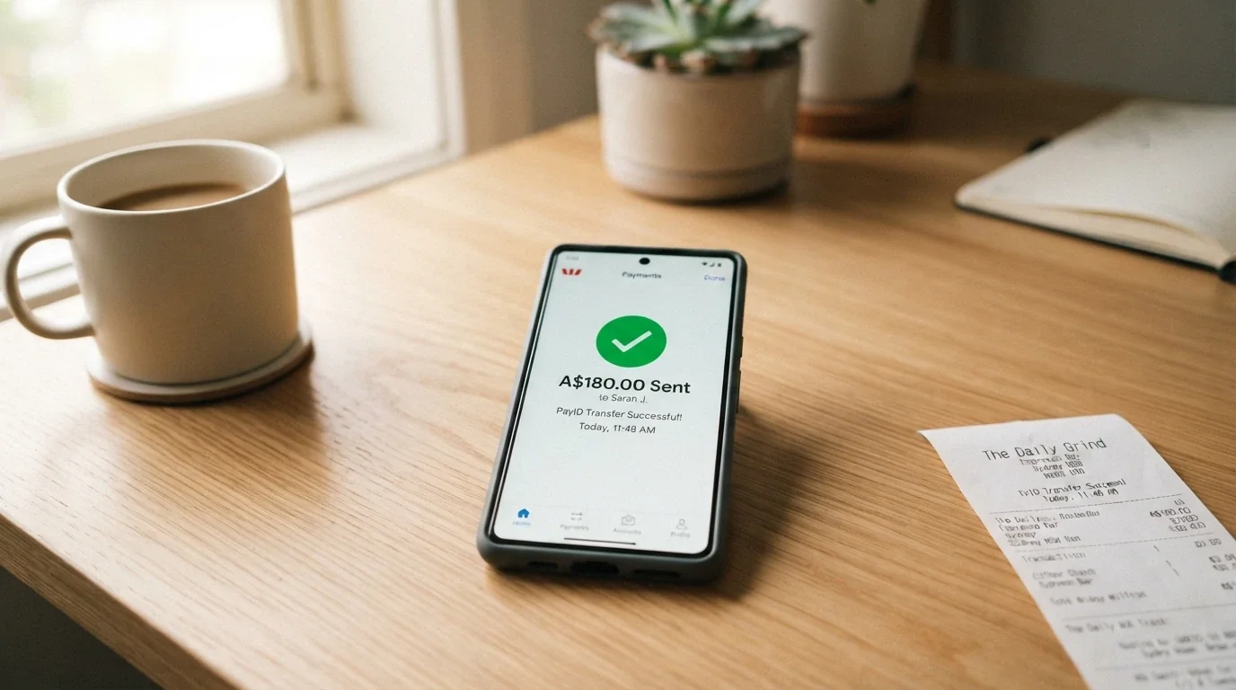 A bank app screen showing a PayID transaction confirmation with an Australian dollar amount and timestamp