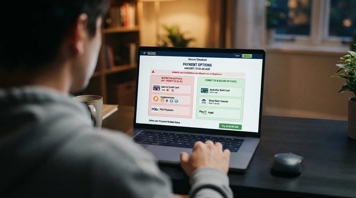 A payment-page interface with a credit-card and crypto option highlighted in red, next to Australian legal methods in green