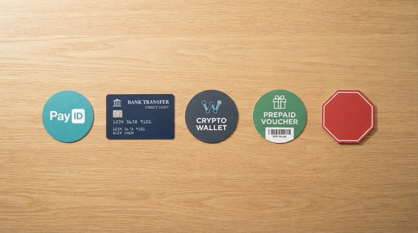 Australian payment method icons (PayID, bank transfer, crypto wallet, Neosurf) arranged by withdrawal speed, with a stop sign over the credit-card icon
