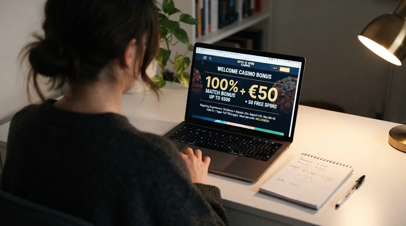 A person at a desk with a laptop open to a casino bonus page, a notepad beside them with wagering figures and a circled question mark written by hand
