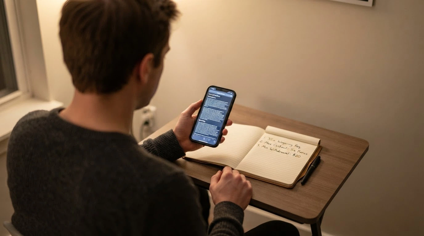 A person reading casino terms on a mobile phone, with a notepad beside them listing wagering, caps and withdrawal minimums