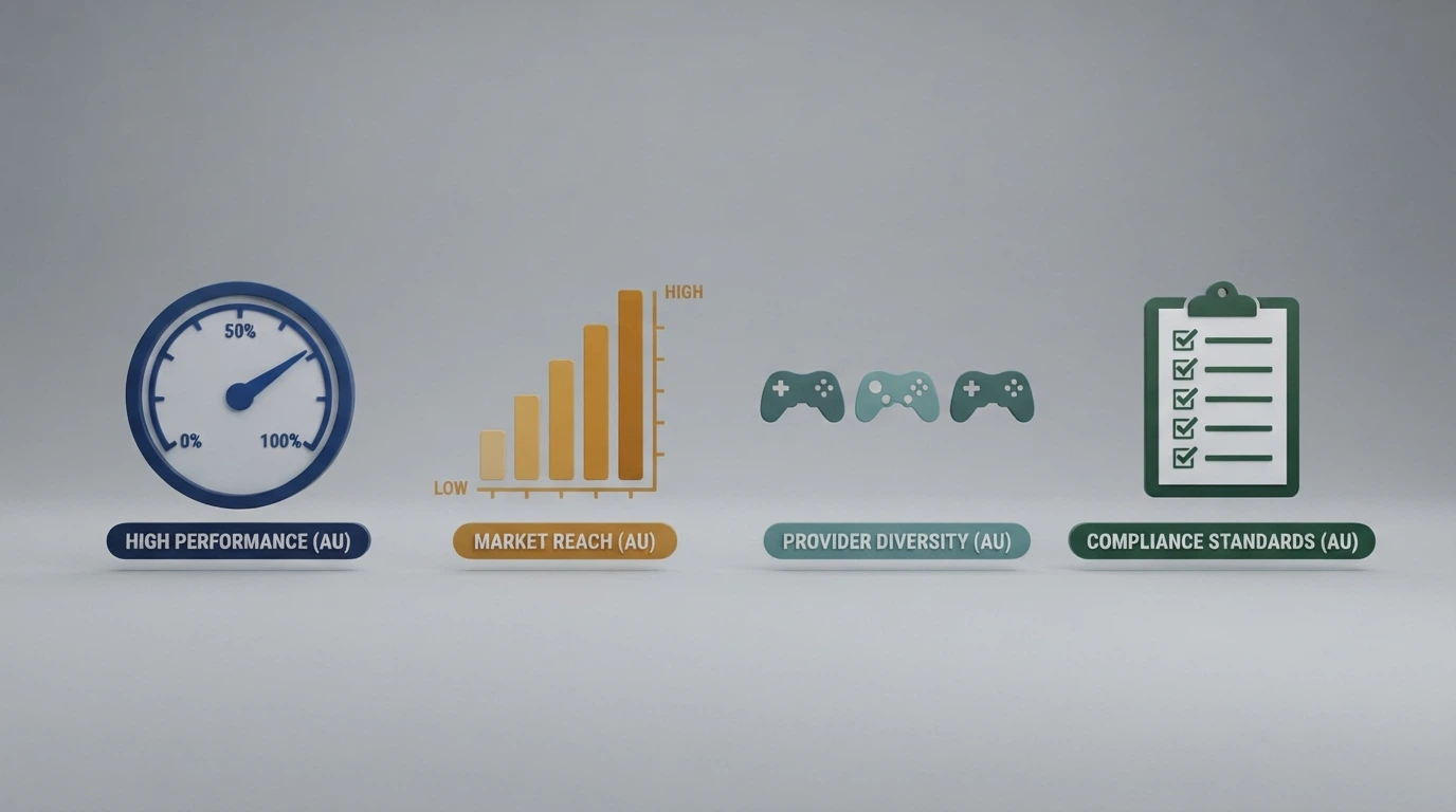 A simplified visual showing the ranking inputs: an RTP percentage gauge, a volatility scale from low to high, a provider logo set and a clipboard with ticked criteria