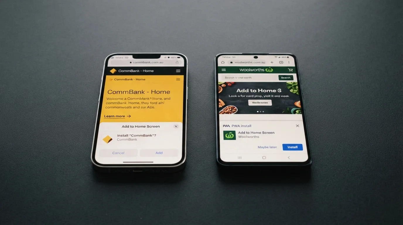 An iPhone and an Android phone side by side, each showing a different pokies-app access method — Safari with an “Add to Home Screen” prompt on the iPhone, a PWA install banner on the Android