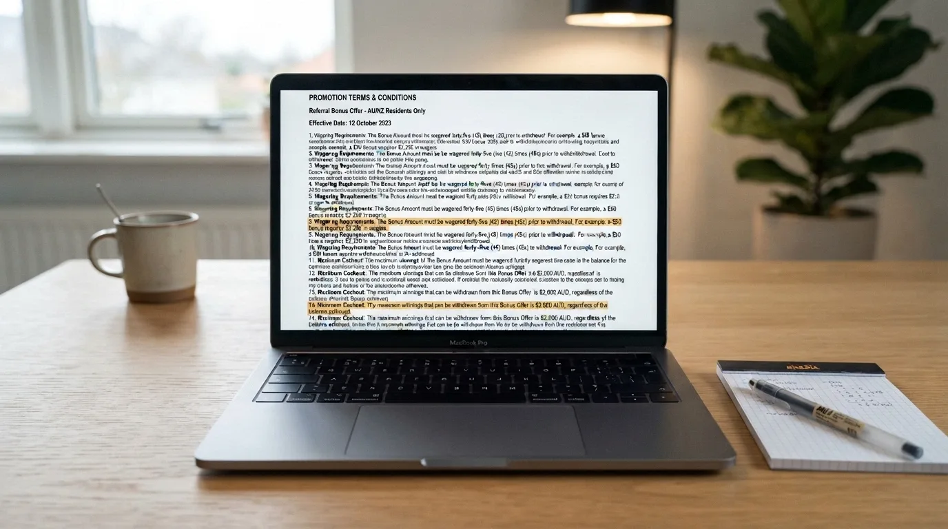 A close-up of bonus terms and conditions text on a screen with the wagering-requirement and maximum-cashout clauses highlighted