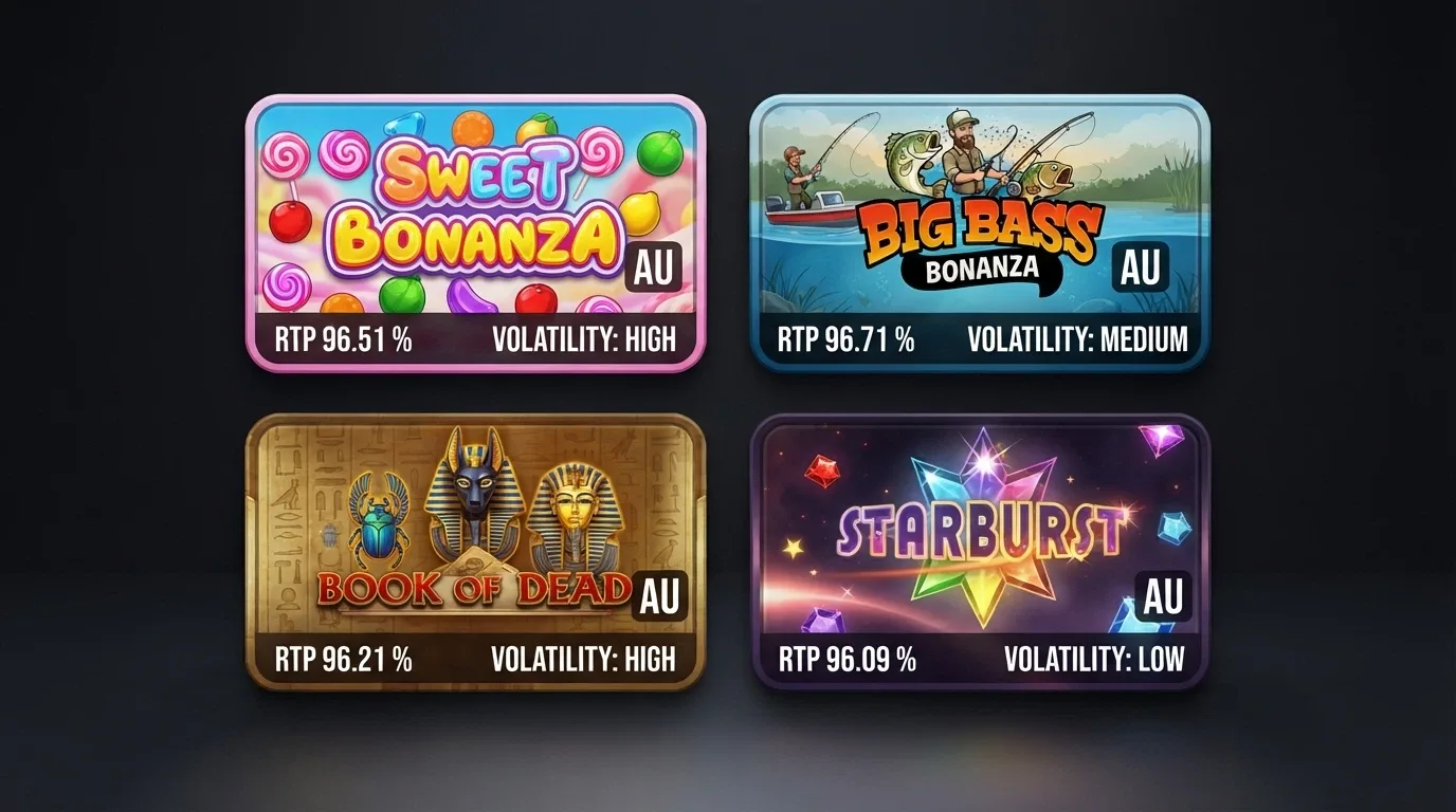 A grid of four pokies title cards — Sweet Bonanza, Big Bass Bonanza, Book of Dead, Starburst — with their RTP figures displayed