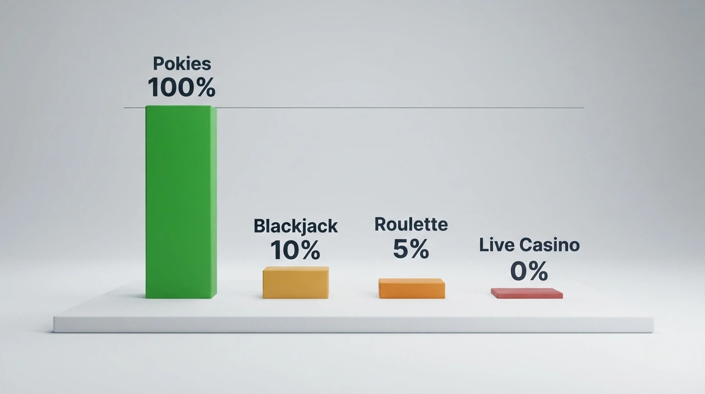 A bar chart showing game contribution percentages: pokies at 100%, blackjack at 10%, roulette at 5%, live casino at 0%, with the pokies bar coloured green and the rest in amber and red