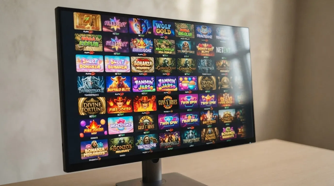 A grid of pokies game thumbnails from NetEnt, Pragmatic Play and Aristocrat in a casino lobby