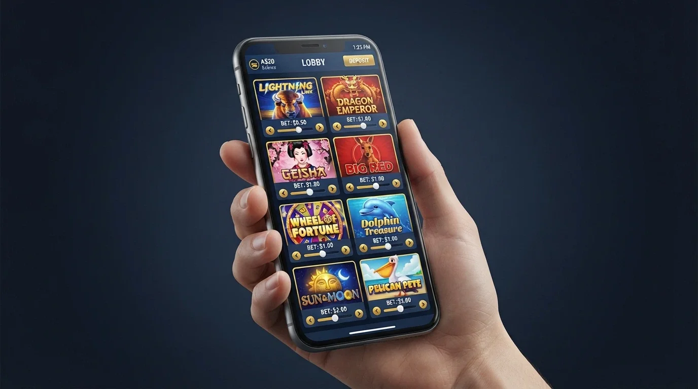 An online pokies game lobby screen showing popular Pragmatic Play titles with bet-size selectors set near the minimum, a balance of A$20 displayed
