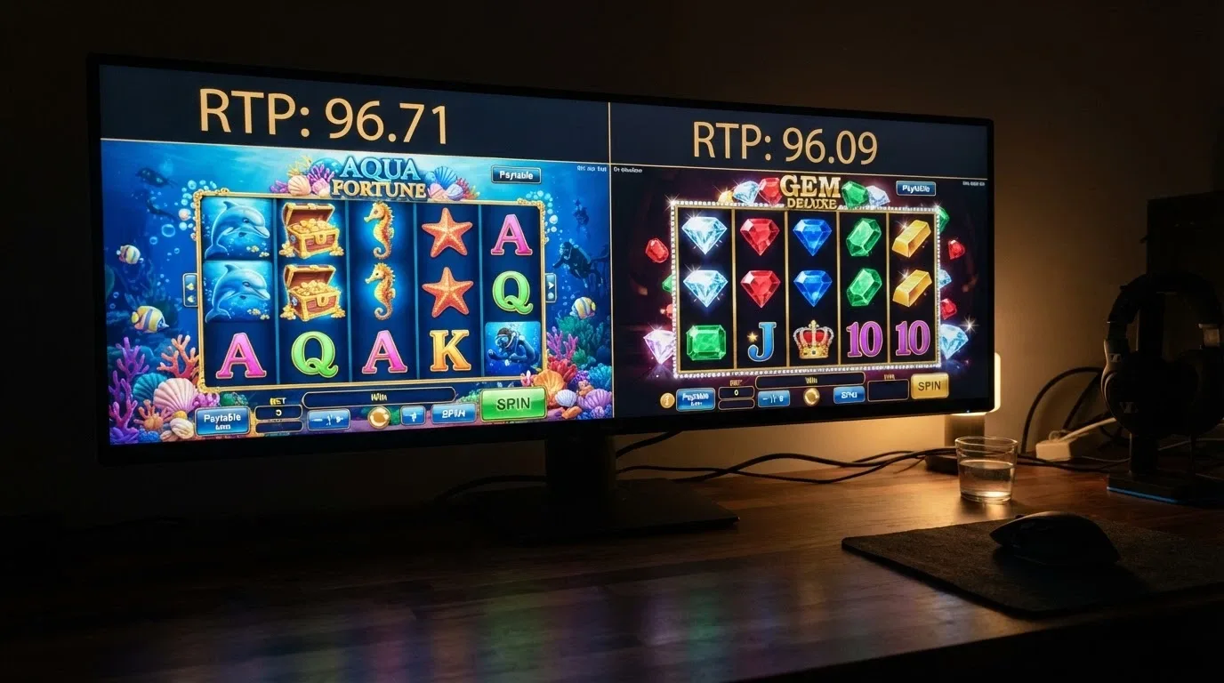 A split-screen display of two identical-looking pokies game screens — Big Bass Bonanza on the left and Starburst on the right — with RTP percentage callouts overlaid